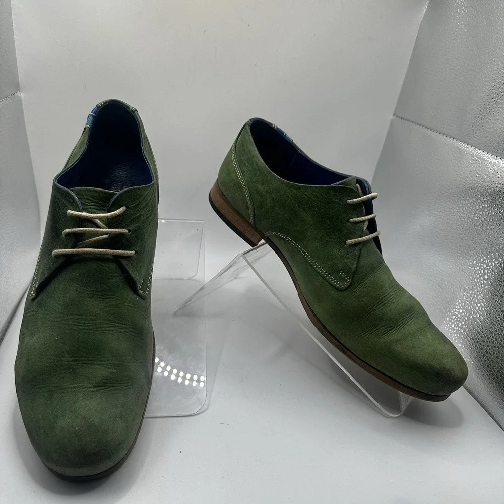 John Fluevog Men's Radio CBC Distressed Green Leather Derby Shoes Discontinued 8